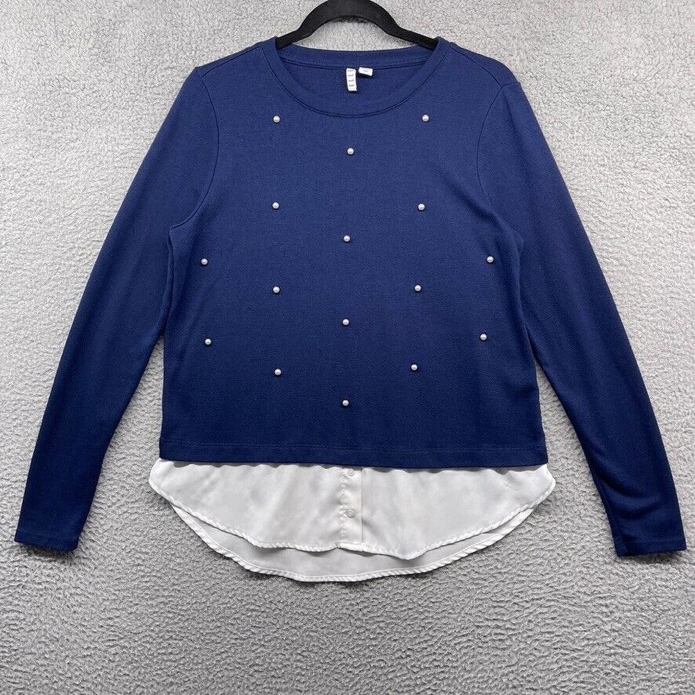 Elle Womens Sweater Blue Pearl Long Sleeve Crew Neck Button Layered Size M